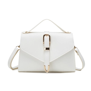 Minimalist white PU leather crossbody bag with top handle and gold buckle detail