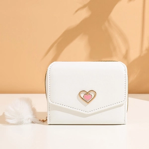 Chic white short wallet with gold heart logo and fluffy pompom keychain for women