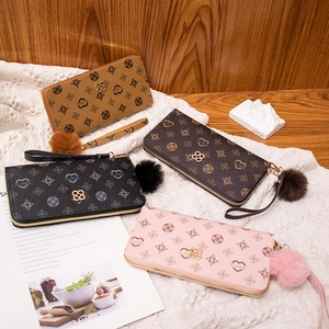 Women's Long PU Leather Monogram Print Wallet Clutch Purse With Pom-Pom Charm And Wristlet Strap Multi-Card Slot Organizer