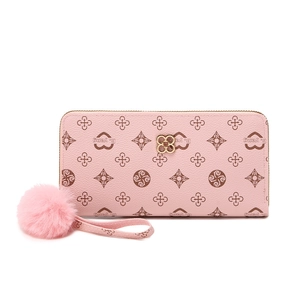 Pink long zipper wallet with clover decor and pompom pendant for women