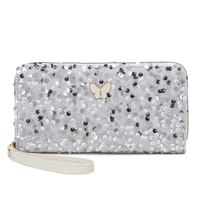 Elegant long silver sequined wallet with butterfly ornament and convenient wrist strap