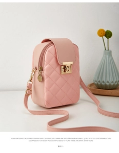 Pink quilted cross-body phone bag with golden twist lock and slim shoulder strap