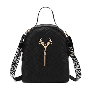 Chic black PU leather backpack with V-quilted pattern and golden deer head logo