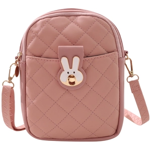 Pink quilted cross-body phone bag with cute bunny clasp and adjustable shoulder strap