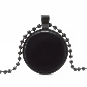 Customizable black round pendant necklace with matching bead chain on white background