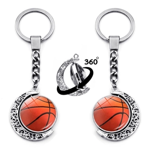 Double Sided Rotating Sports Glass Ball Keychain Zinc Alloy Hollow Crescent Moon Pendant Basketball Soccer Tennis Volleyball Keyring