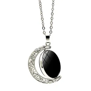 Rotating crescent moon pendant necklace in silver tone with customizable round disc