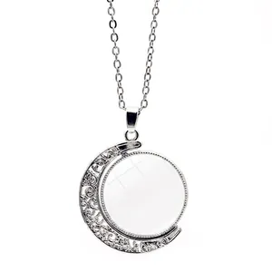 Hollow Crescent Moon Pendant Necklace With Rotating Glass Cabochon Zinc Alloy Double Sided Vintage Fashion Sweater Chain