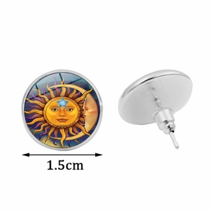Silver sun and moon glass cabochon stud earrings jewelry set with 1.5cm diameter