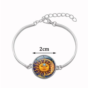 Silver sun and moon glass pendant bracelet with 2cm diameter charm and adjustable chain