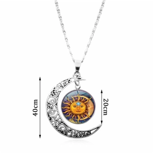 Silver sun and moon celestial jewelry set including necklace pendant with crescent moon