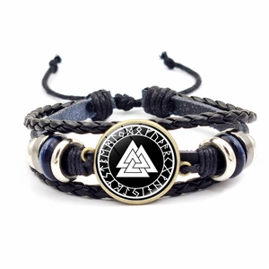 Vintage geflochtenes Leder-Wikinger-Armband mit Valknut-Kompass und nordischen Runen