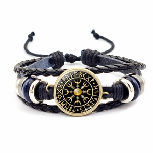 Vintage Wikinger Geflochtenes Lederarmband Nordische Runen Vegvisir Kompass Thors Hammer Lebensbaum Verstellbares Amulett Armreif Herren Schmuck