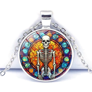 Gothic silver necklace with skull pendant in stained glass art style for Halloween