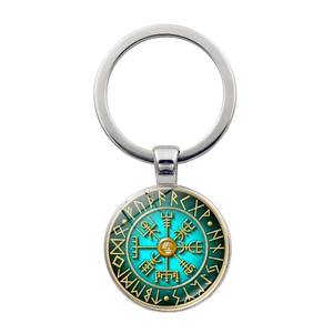 Porte-clés boussole Viking Vegvisir avec runes dorées sur fond sarcelle et dôme verre