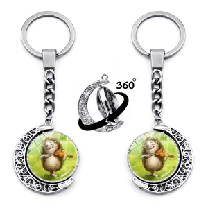 Creative Rotating Hedgehog Moon Keychain Zinc Alloy Glass Pendant Cartoon Animal Double Sided Swivel Bag Charm Jewelry