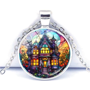 Gothic ghost castle pendant necklace with moon and colorful stained glass art style
