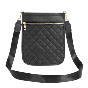 Black quilted crossbody phone bag with gold zipper detail and wide fabric shoulder strap