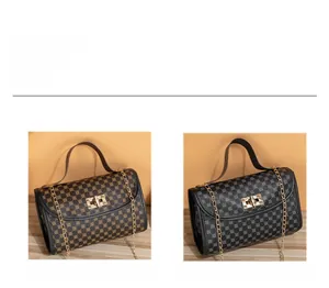 Close-up of Old Flower Brown and Black quilted crossbody bags with gold chain straps