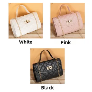 Detailed grid showing white, pink and black quilted crossbody bags with chain straps