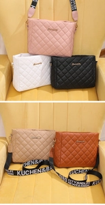 Detailed display of quilted crossbody bags in multiple colors with wide jacquard straps