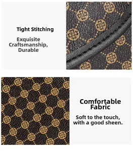 Detailed close-up of premium stitching and floral monogram pattern on brown faux leather