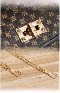 Detail of high-polish gold clasp and chain strap on brown floral monogram handbag