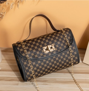 Close-up of vintage embroidered diamond lattice bag with golden metal twist lock and chain