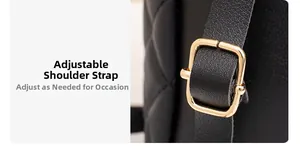 Detail of adjustable leather strap with gold buckle on black quilted backpack for women