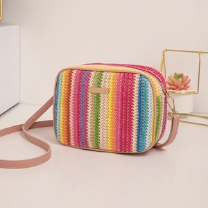 Rainbow woven rectangle crossbody bag with pink strap and golden logo plaque detail