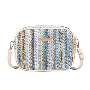 Colorful striped woven straw crossbody camera bag with gold hardware and adjustable strap