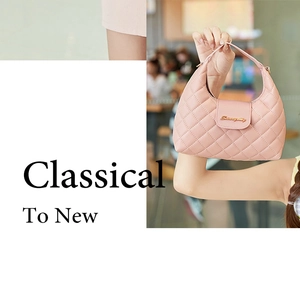 Detail of pink quilted leather handbag with metallic logo and elegant top handle