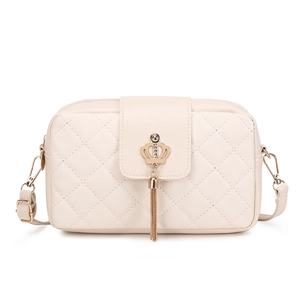 Beige quilted shoulder bag with gold crown lock and metal tassel for women
