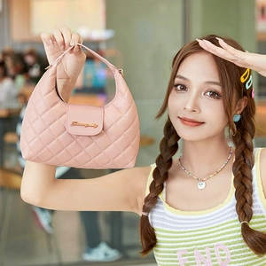 Pink quilted rhombic handbag with adjustable wide strap and Sunmycity logo for women