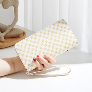 Chic women's long zipper wallet with gold floral geometric pattern and wrist strap