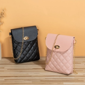 Chic quilted crossbody phone bags in black and pink with gold metal locks and chain straps