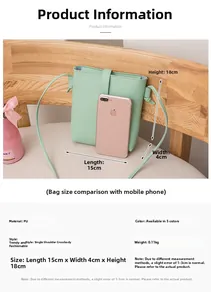 Détails du sac bandoulière en PU vert menthe montrant les dimensions 15x4x18cm et un téléphone