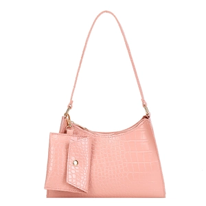 Rosa Damen Schultertasche mit Krokodilprägung und passendem kleinem Münzfach-Anhänger
