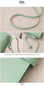Détails du sac seau vert texture litchi avec bandoulière nouée réglable et coutures fines