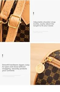 Detail of adjustable leather strap and smooth golden zipper on floral cylinder bag