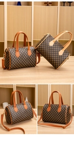 Detail of vintage Boston bag showing retro pattern, leather trim and adjustable strap