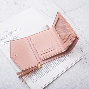 Portefeuille court rose lotus en cuir pour femme avec pompon et fermeture à pression