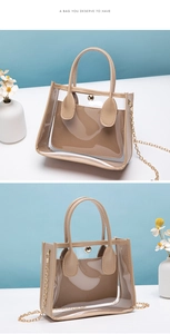 Dettaglio della borsa in PVC trasparente con pochette interna in PU kaki e catena
