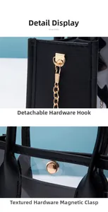 Dettaglio dei ganci dorati e della fibbia magnetica su borsa in PVC e pelle nera
