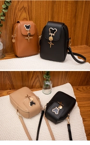 Detailed views of small crossbody phone bags in brown black and beige with cute charms