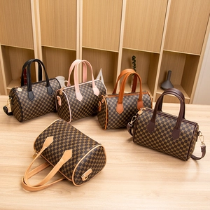 Women Vintage Boston Bag Monogram Print Cylinder Bag PU Leather Crossbody Shoulder Bag With Detachable Strap Daily Casual Handbag