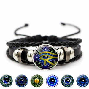 Eye Of Horus Multilayer Woven Leather Bracelet Alloy Beads Glass Charm Adjustable Punk Ethnic Jewelry For Men And Women