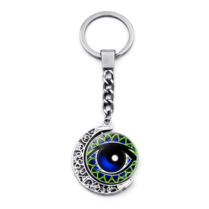Evil Eye moon keychain with rotating blue eye pendant in silver-tone stainless steel