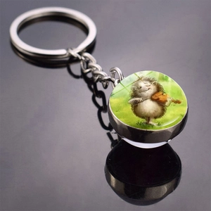 Cartoon Hedgehog Glass Ball Keychain Zinc Alloy Double Sided Art Illustration Pendant Cute Animal Key Ring For Women Kids Gift