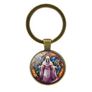 Gothic Stained Glass Skeleton Skull Keychain Halloween Pumpkin Castle Reaper Zinc Alloy Glass Cabochon Keyring Gift